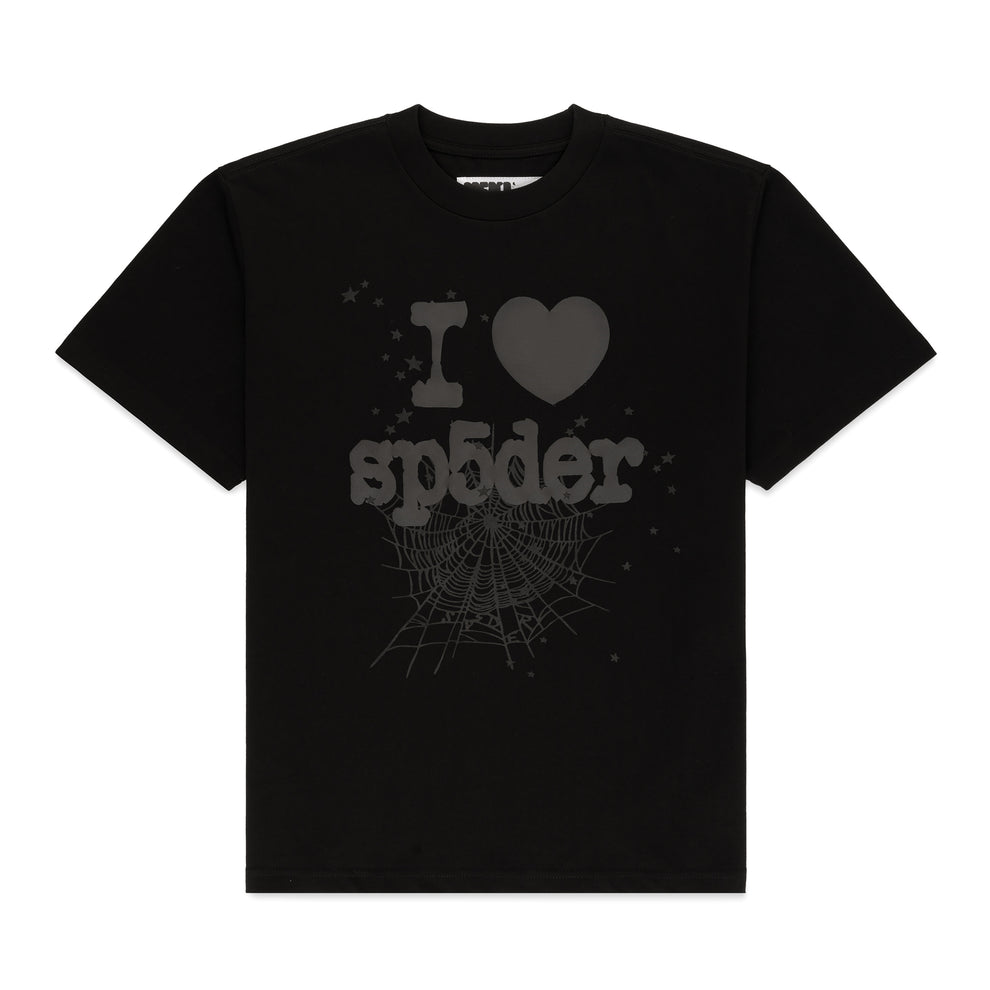 Black cotton men's tee with "I ❤️ sp5der" text, spiderweb, and star graphics.