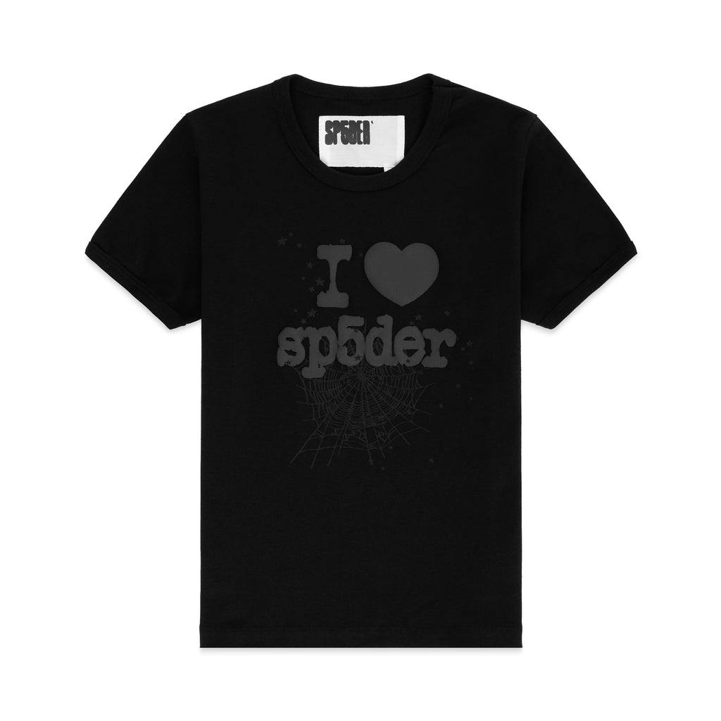 Black cotton PHANTOM SOUVENIR BABY TEE with "I ❤️ sp5der" graphic and spiderweb design.
