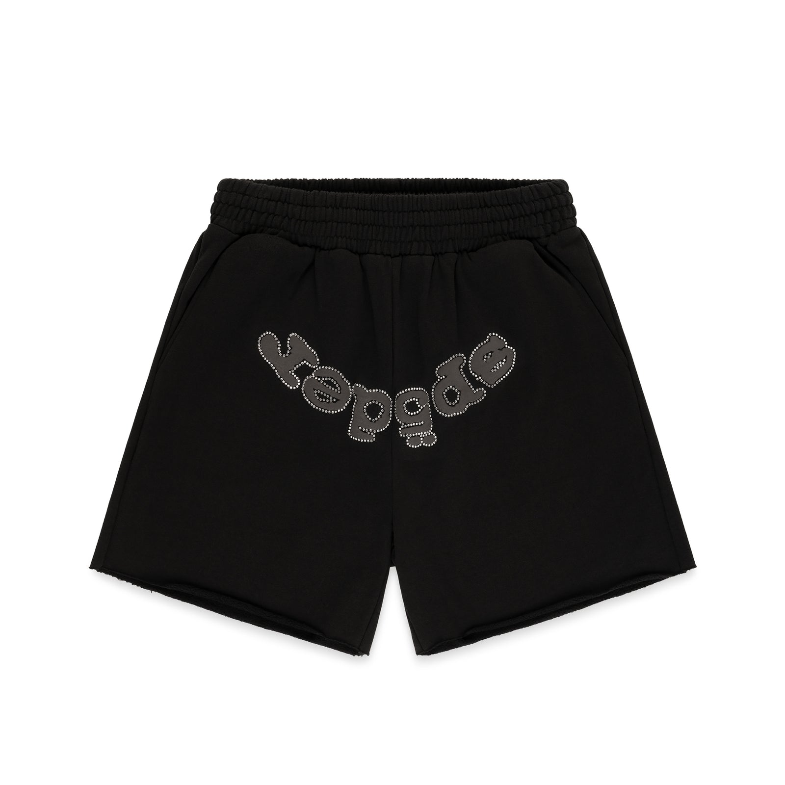 Black OG WEB V2 RHINESTONE SHORT with "repgods" in silver rhinestones, elastic waist, and raw hem.