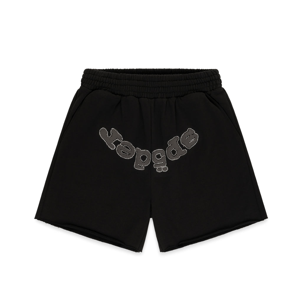 Black OG WEB V2 RHINESTONE SHORT with "repgods" in silver rhinestones, elastic waist, and raw hem.