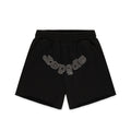 Black OG WEB V2 RHINESTONE SHORT with "repgods" in silver rhinestones, elastic waist, and raw hem.