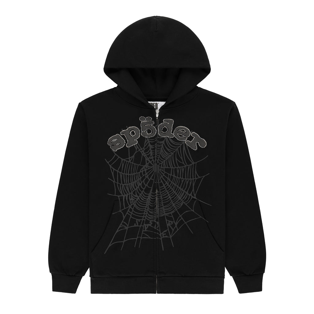 Black 13oz cotton fleece zip-up hoodie with rhinestone "sp5der" text and spiderweb graphic.