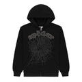 Black 13oz cotton fleece zip-up hoodie with rhinestone "sp5der" text and spiderweb graphic.
