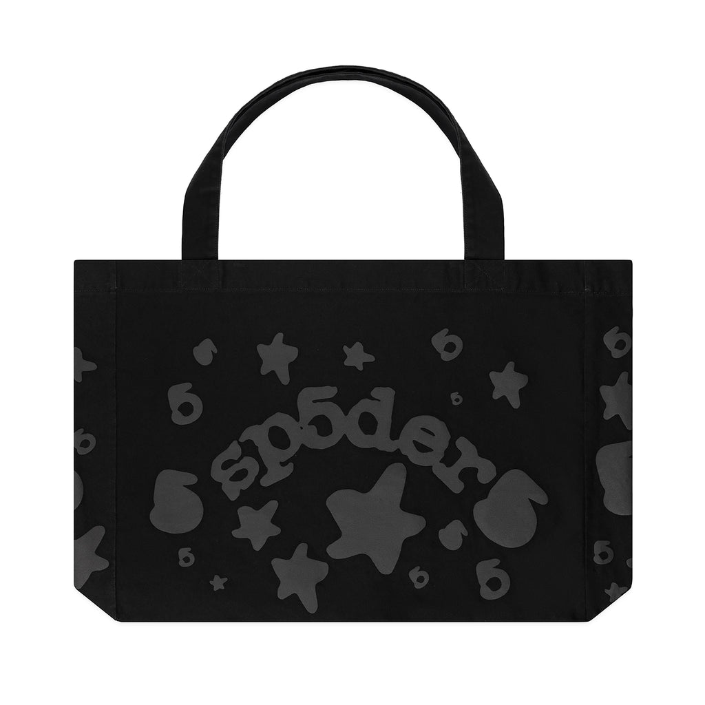Black PHANTOM BELUGA TOTE with dark gray "sp5der" logo, stars, and numbers.