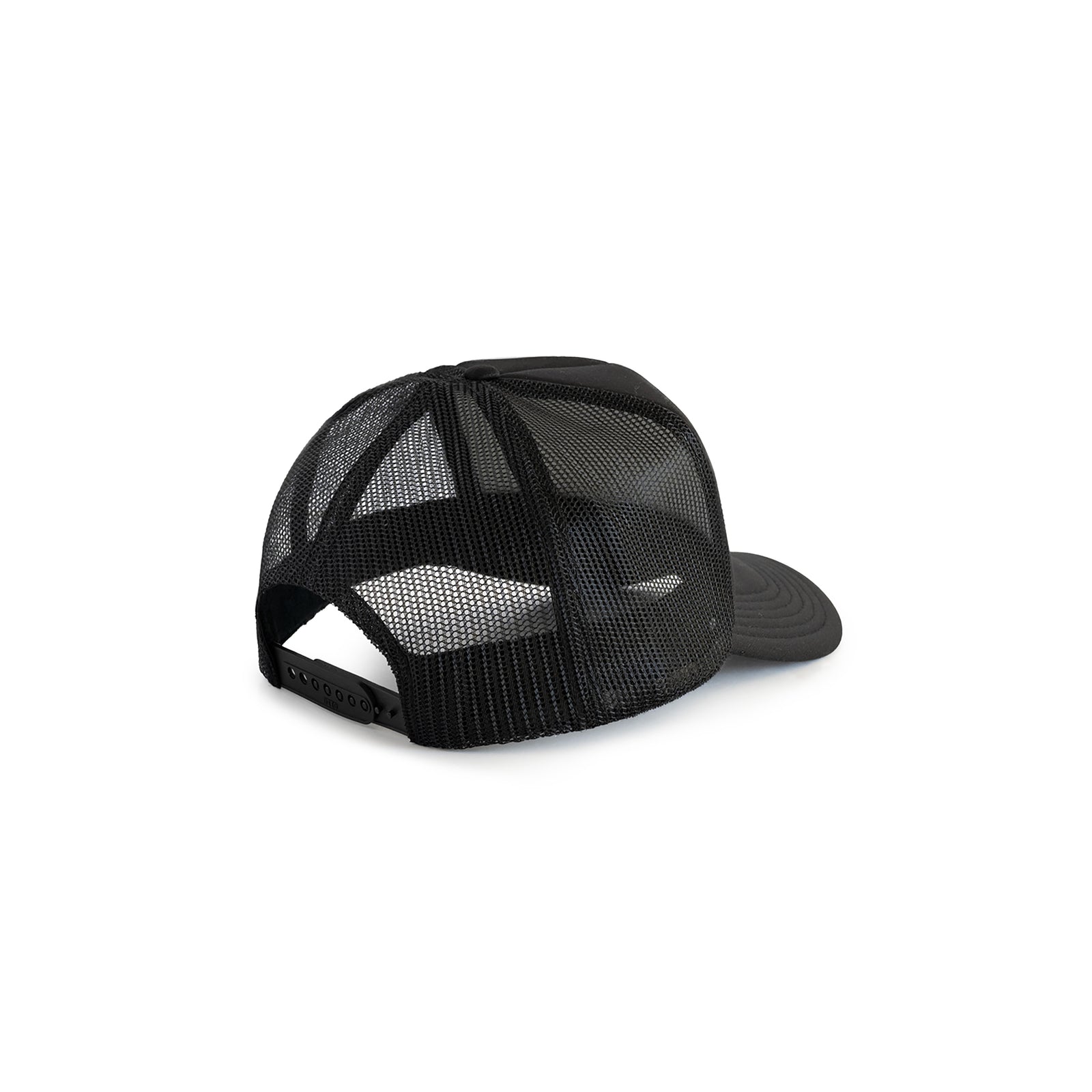 Black mesh trucker hat with a solid front panel and adjustable snapback closure.