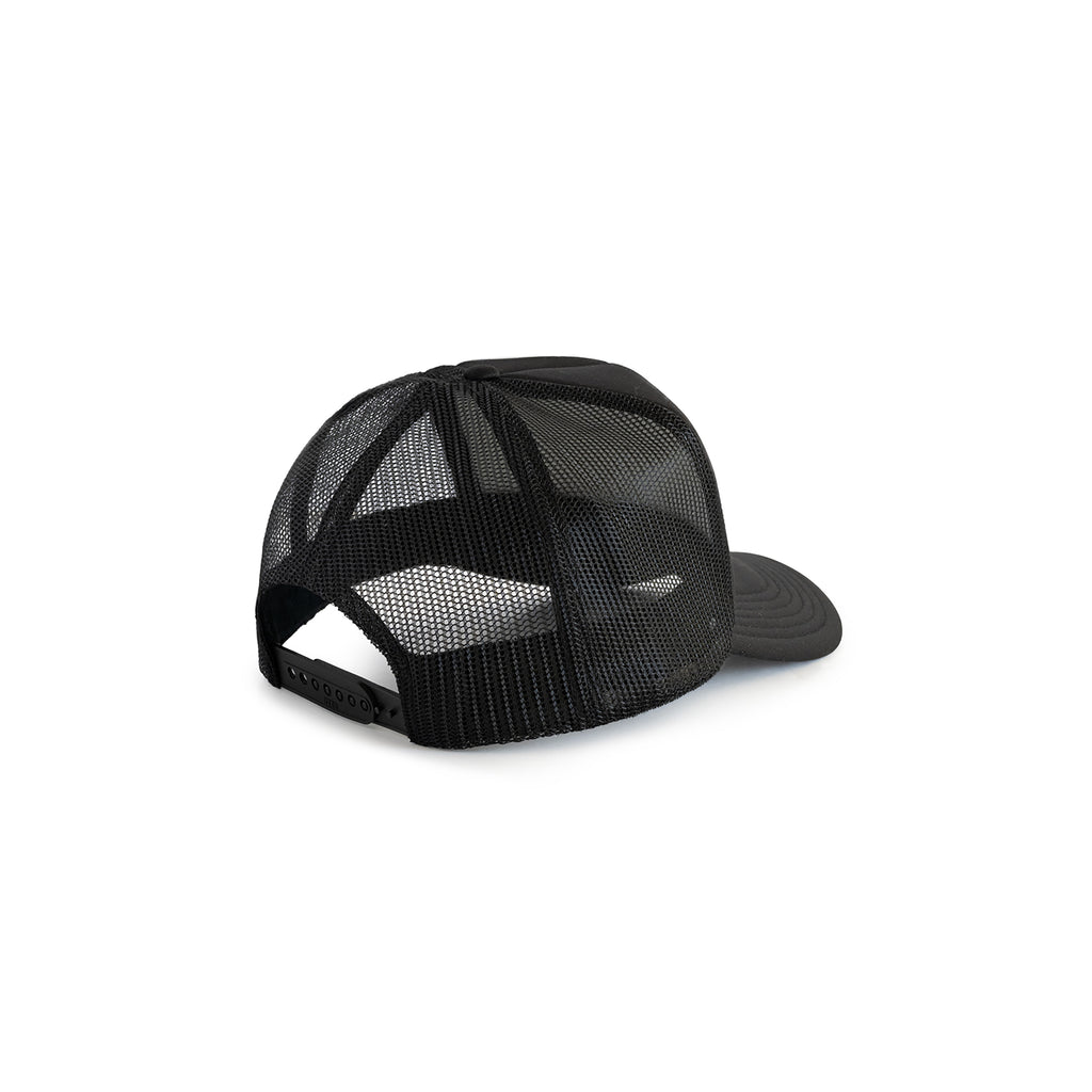 Black mesh trucker hat with a solid front panel and adjustable snapback closure.