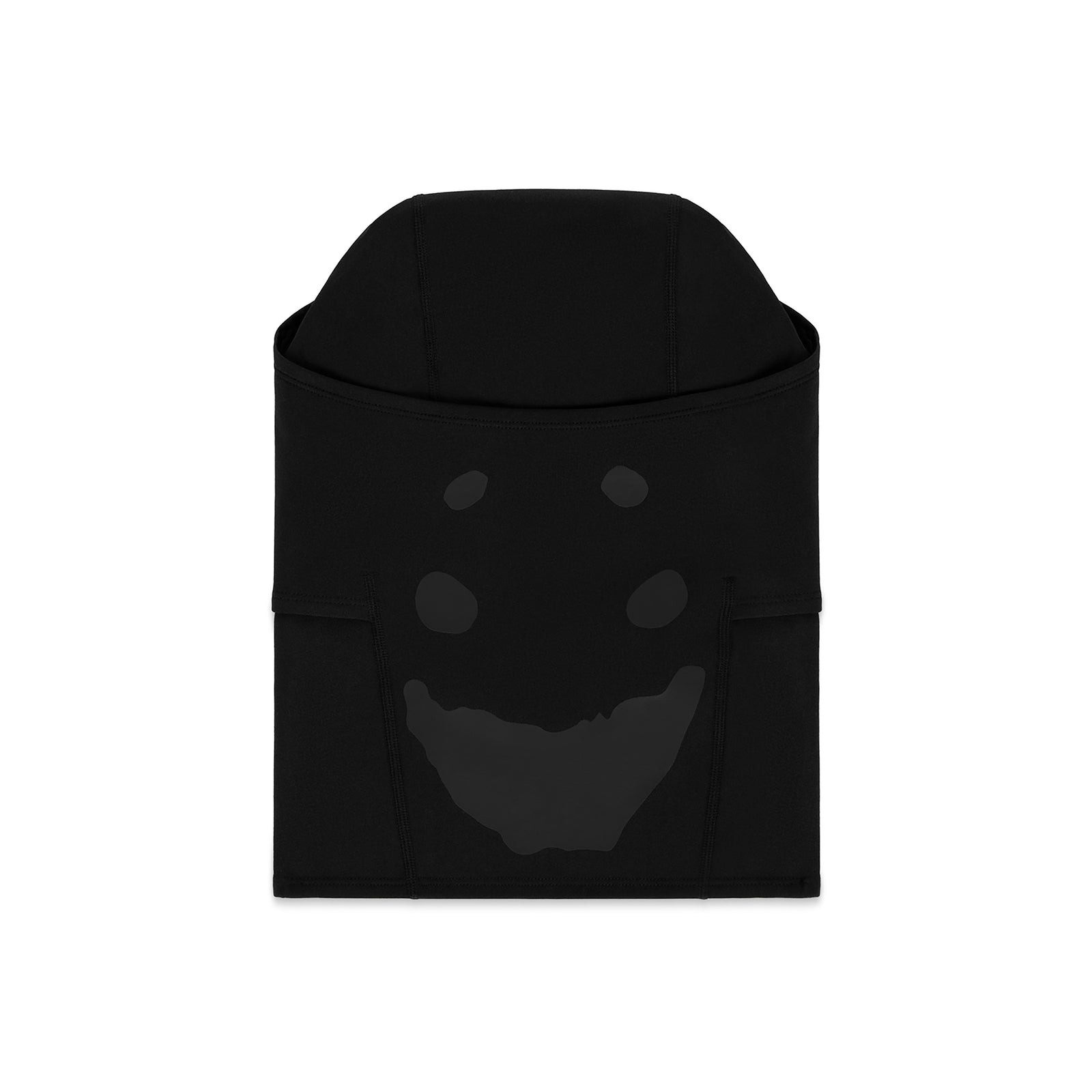 Black spandex shiesty mask with a subtle dark graphic heat transfer smiley face.