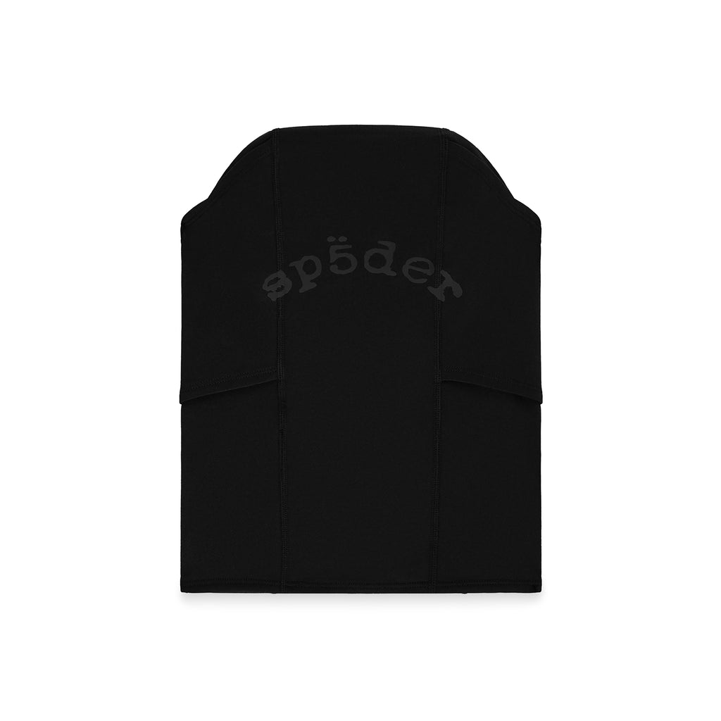 Black OG LOGO V2 SHIESTY MASK made of breathable spandex with a dark gray SP5DER graphic print.