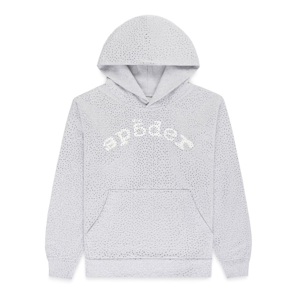 Light grey VVS HOODIE with all-over tonal rhinestones, "SP5DER" chest print, and kangaroo pocket.