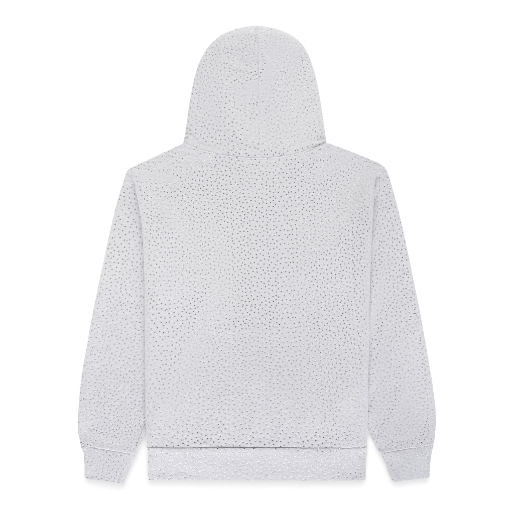 Back of a light grey VVS HOODIE with all-over tonal rhinestone application.