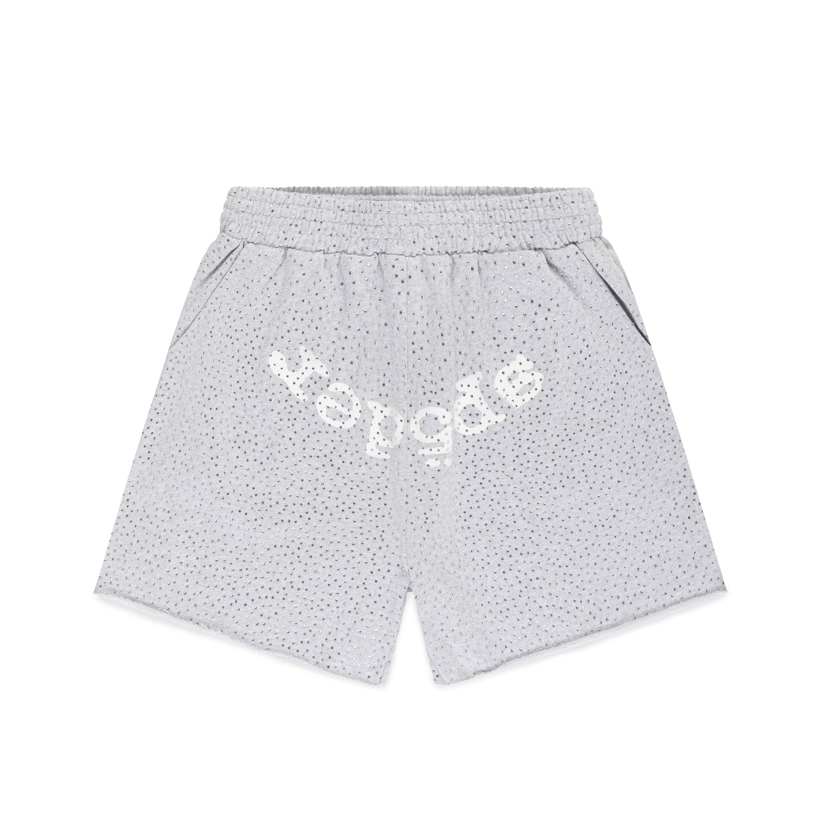 Light grey cotton fleece sweatshorts with all-over tonal rhinestones and white "SP5DER" text.