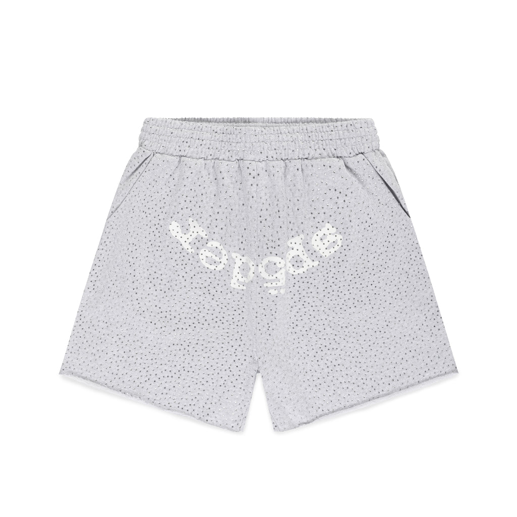 Light grey cotton fleece sweatshorts with all-over tonal rhinestones and white "SP5DER" text.