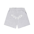 Light grey cotton fleece sweatshorts with all-over tonal rhinestones and white "SP5DER" text.