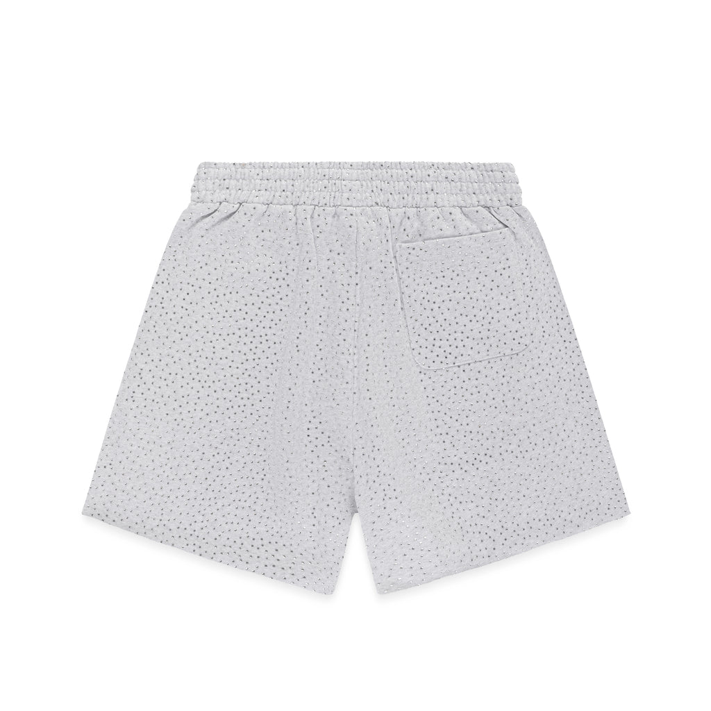 Gray VVS sweatshorts with all-over tonal rhinestone application, elastic waistband, and back pocket.