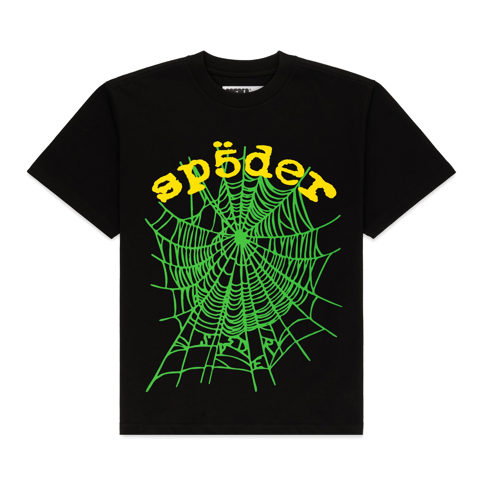 Black 100% cotton OG WEB V2 TEE with green spiderweb and yellow "sp5der" puff print.