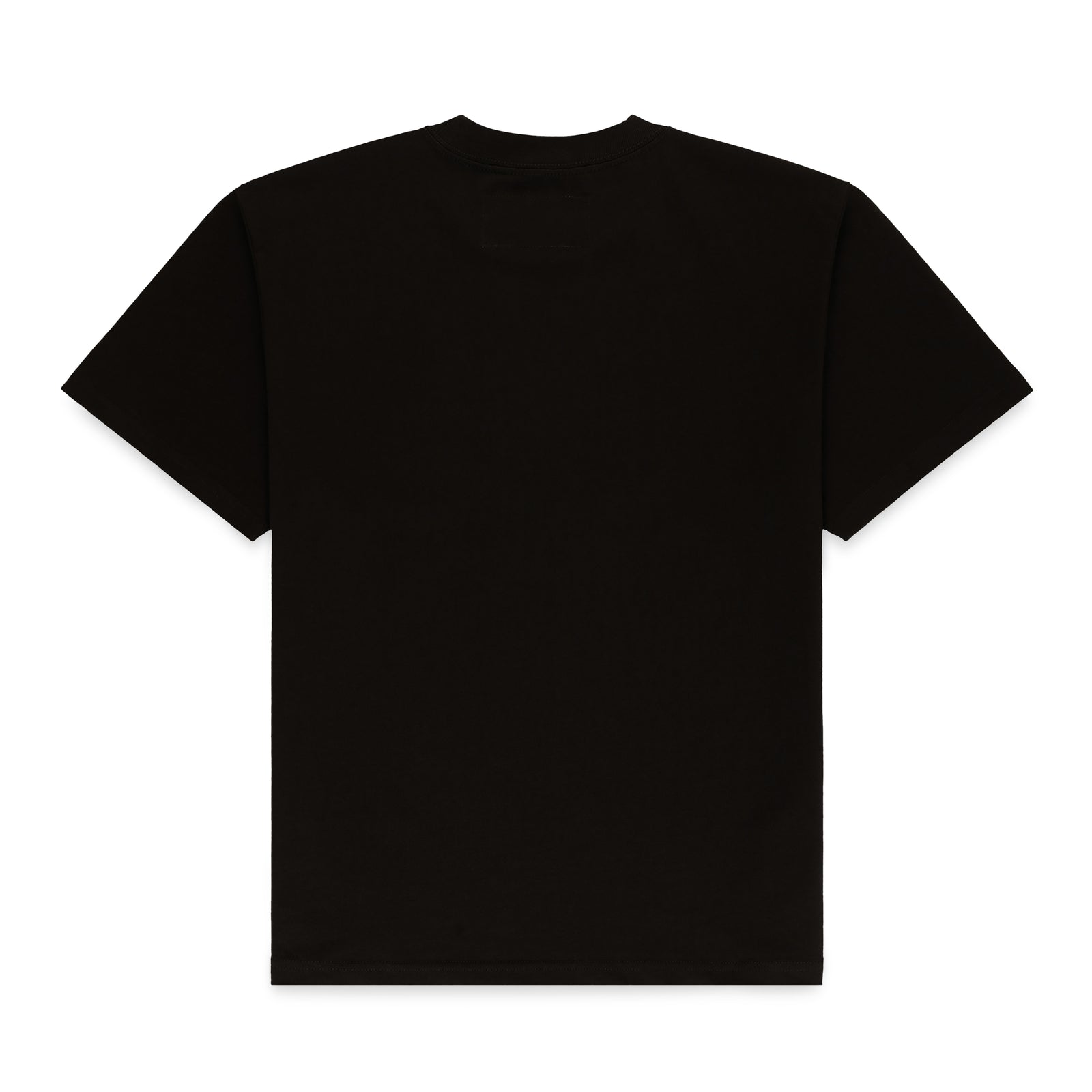 Black 100% cotton standard fit tee, back view.