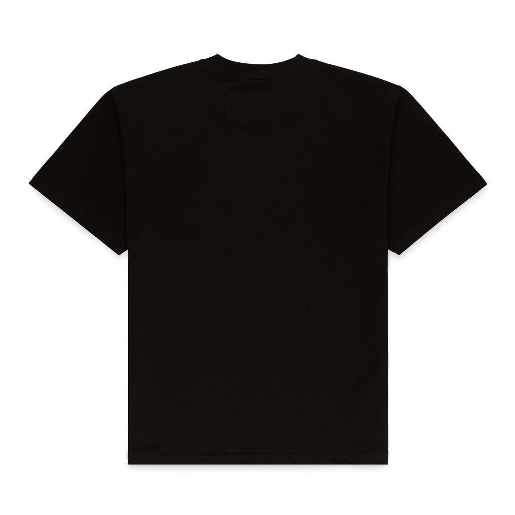 Black 100% cotton standard fit tee, back view.