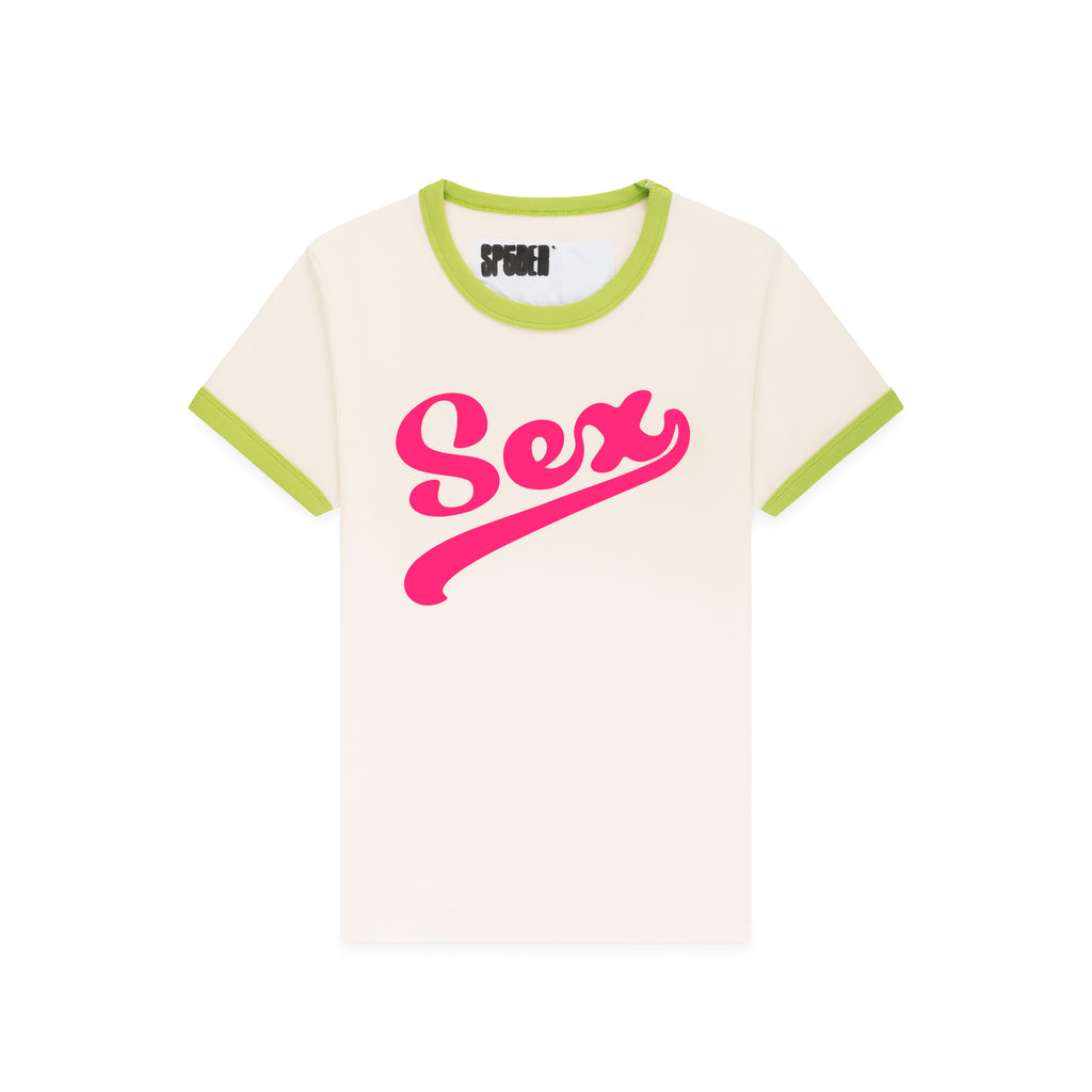 Cropped fitted cotton/spandex tee with "Sex" graphic in hot pink, neon green ribbed trim.