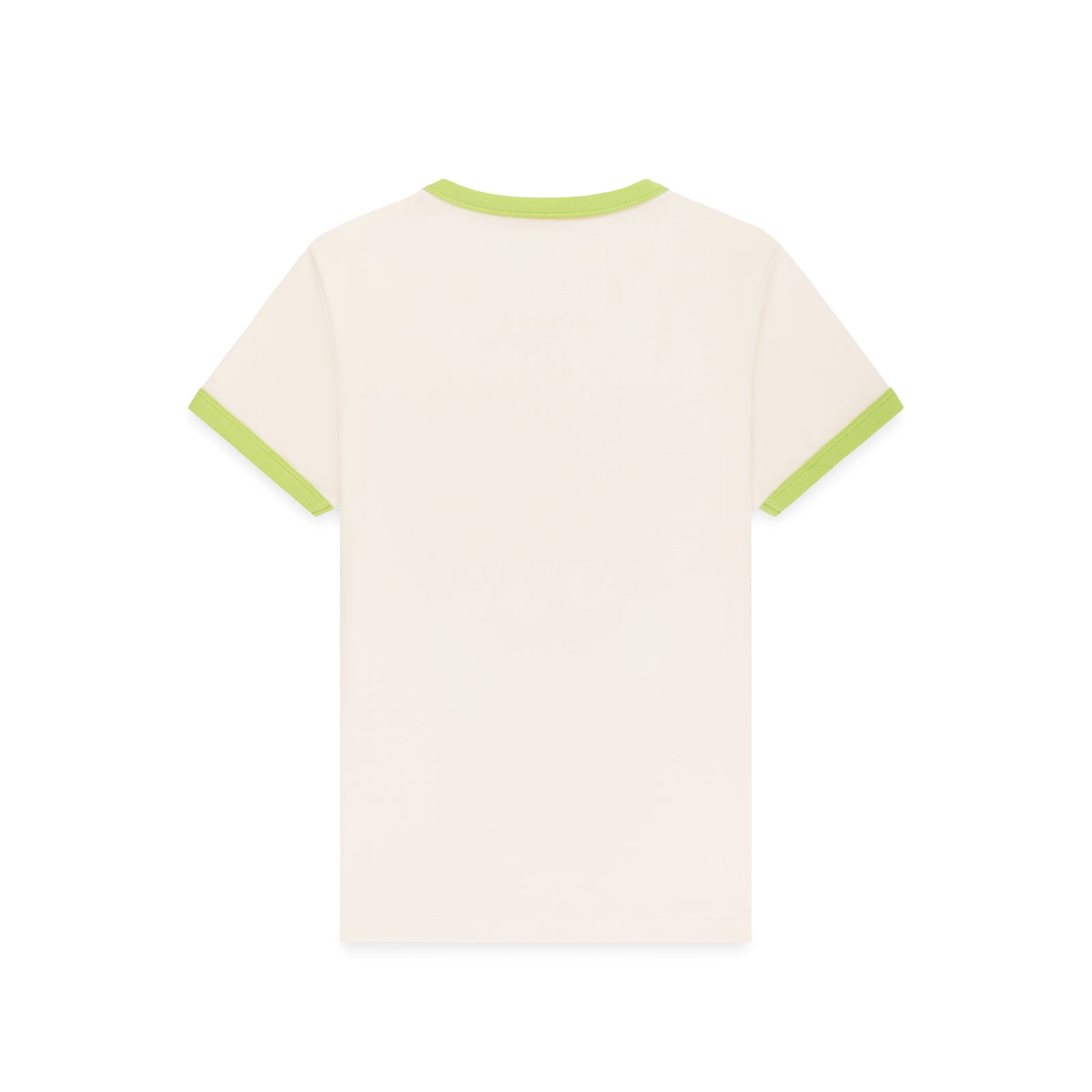 Back of a cropped, fitted cream cotton/spandex tee with lime green ribbed trim on neck and sleeves.