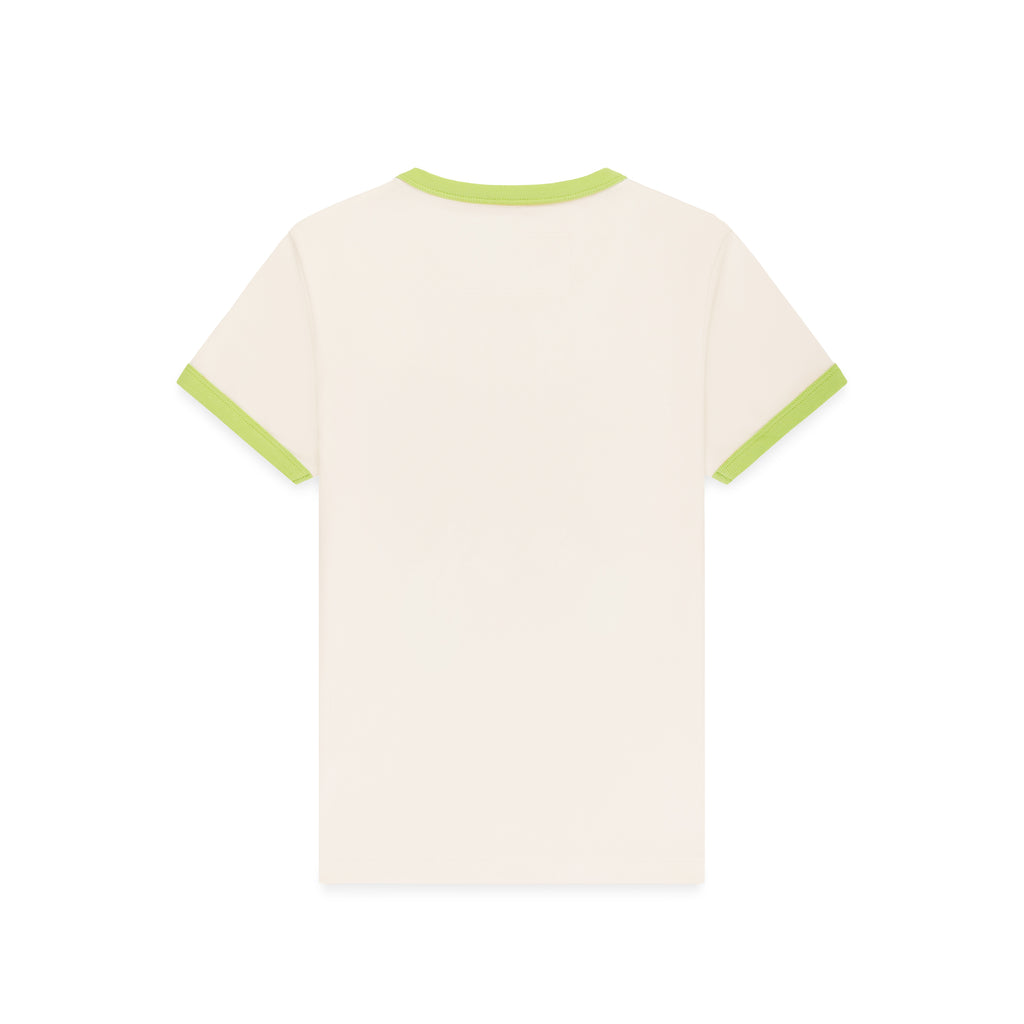 Back of a cropped, fitted cream cotton/spandex tee with lime green ribbed trim on neck and sleeves.