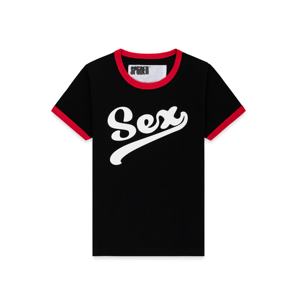Black cotton/spandex cropped tee with "Sex" graphic print and red ribbed trim.