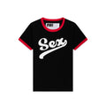 Black cotton/spandex cropped tee with "Sex" graphic print and red ribbed trim.
