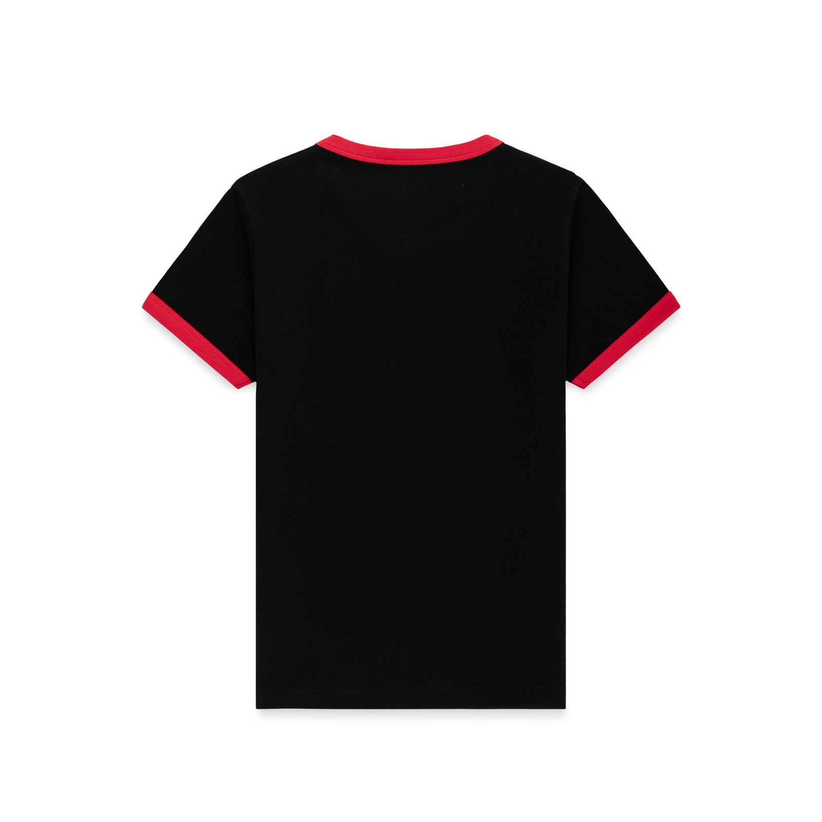 Black cotton/spandex cropped tee with red ribbed trim on neck and sleeves, back view.