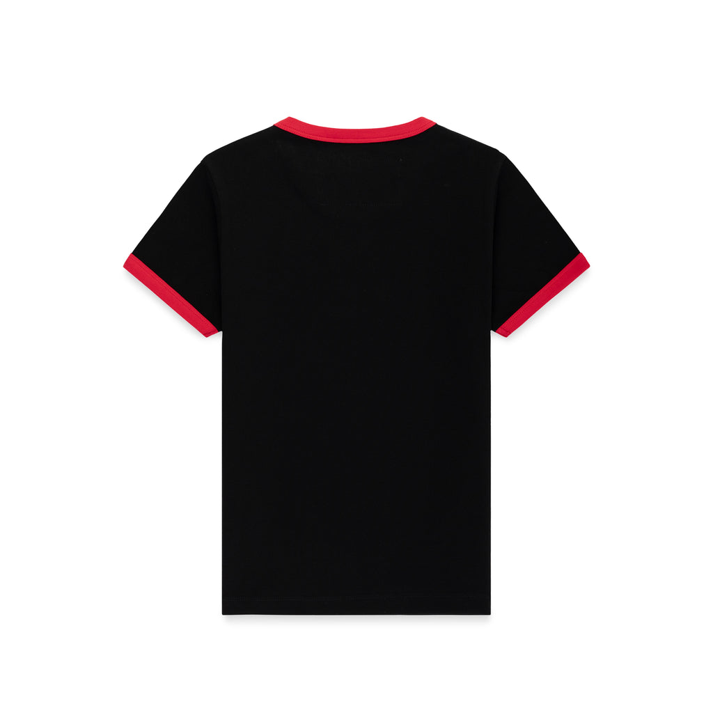Black cotton/spandex cropped tee with red ribbed trim on neck and sleeves, back view.