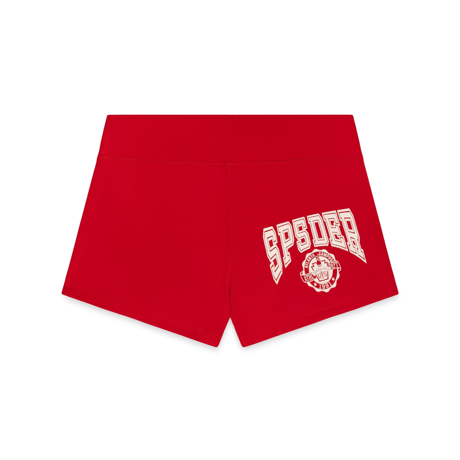 Red stretch cotton jersey short with elasticized waistband and white SP5DER collegiate graphic.
