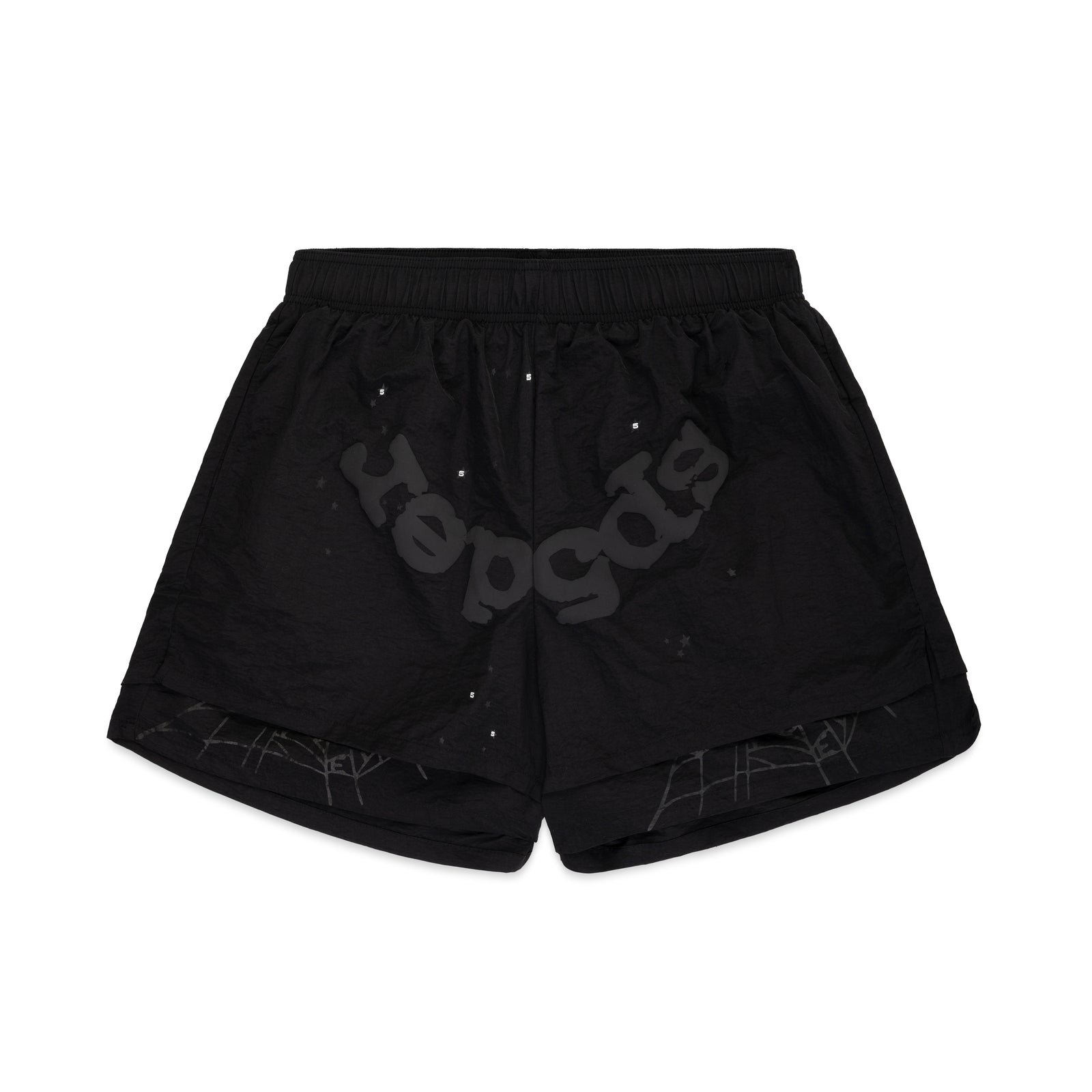 Black OG WEB Double Layer Short with "sp5der" text, star print, and water-repellent nylon.
