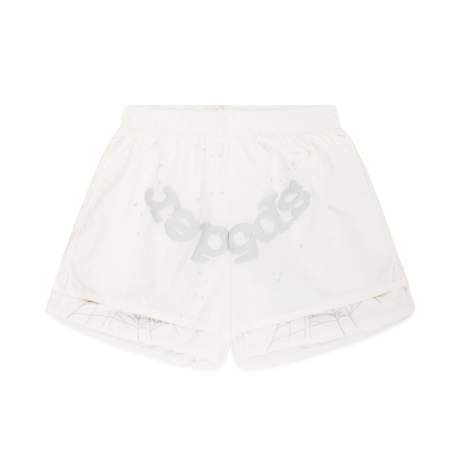 White OG WEB Double Layer Short with "sp5der" text and star print.