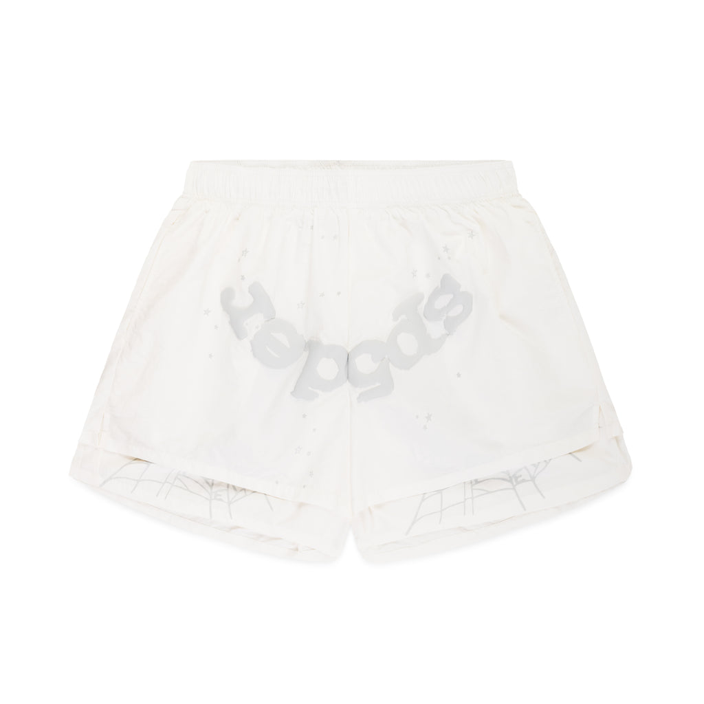 White OG WEB Double Layer Short with "sp5der" text and star print.