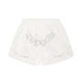 White OG WEB Double Layer Short with "sp5der" text and star print.