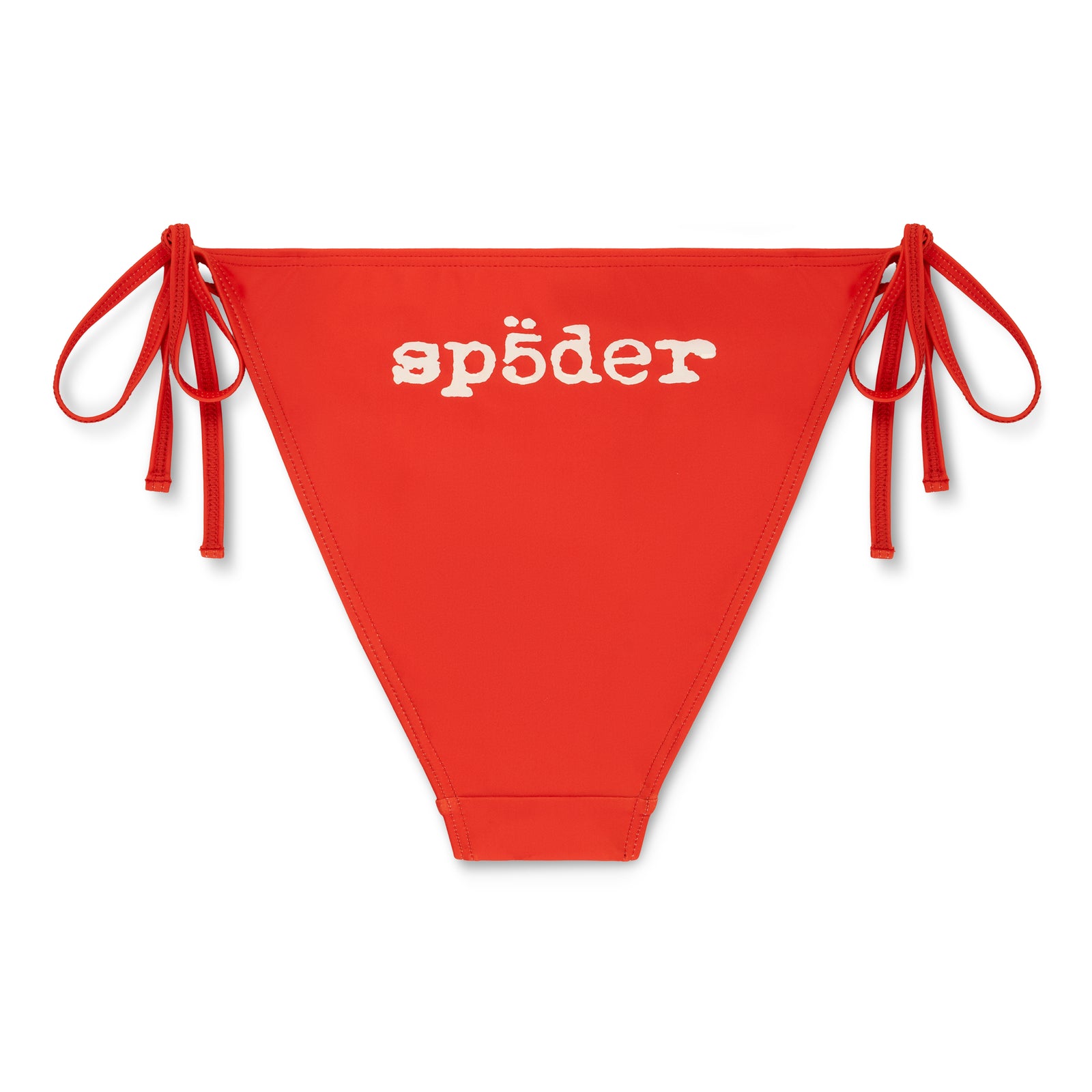 Red stretch nylon jersey bikini bottom with white "sp5der" logo and rope ties.