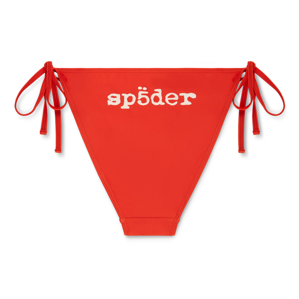 Red stretch nylon jersey bikini bottom with white "sp5der" logo and rope ties.