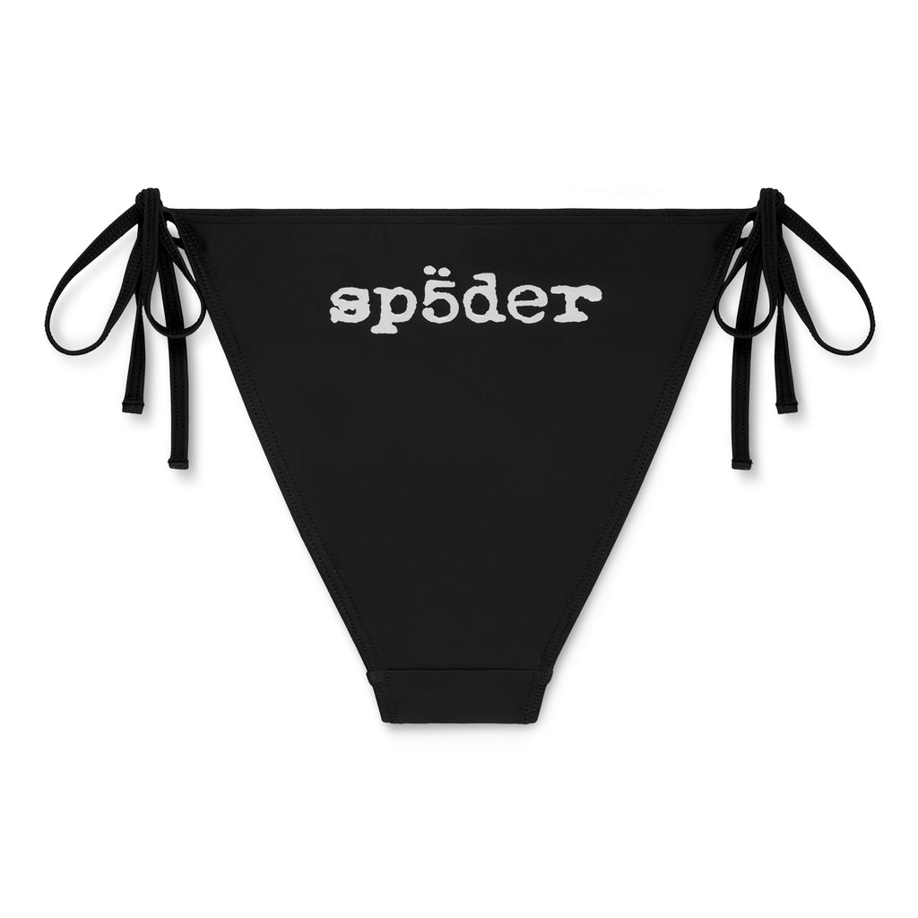 Black stretch nylon jersey bikini bottom with white "sp5der" graphic and rope ties.