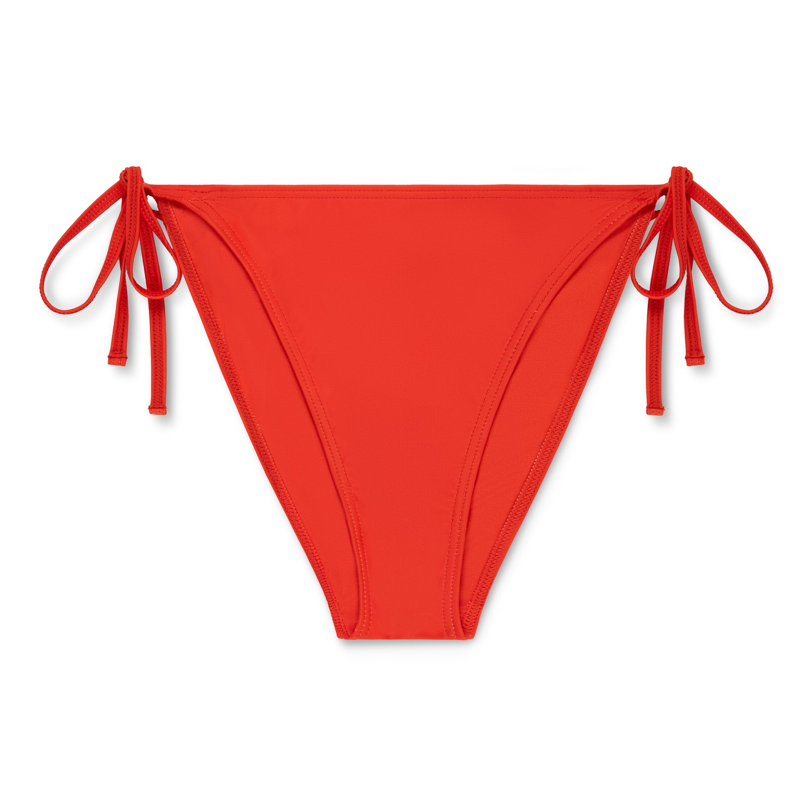 Red stretch nylon jersey bikini bottom with rope ties.
