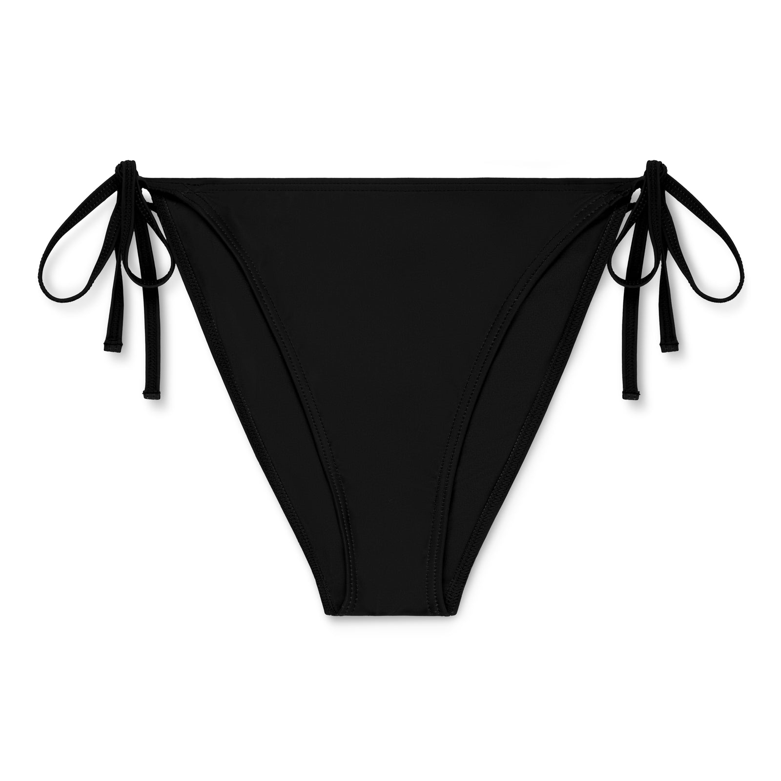 Black stretch nylon jersey bikini bottom with rope ties.