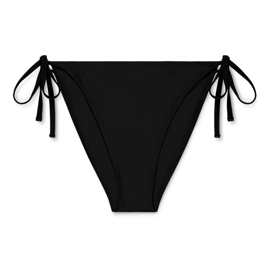Black stretch nylon jersey bikini bottom with rope ties.