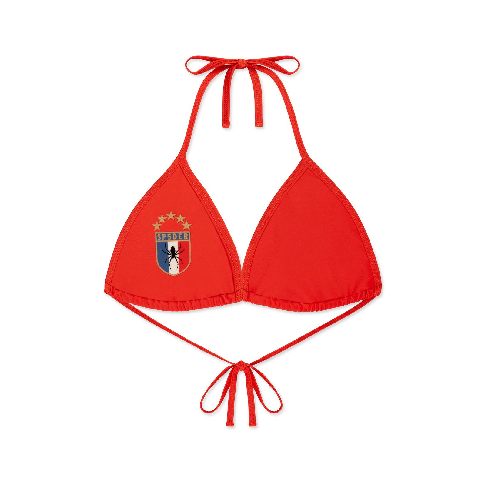 Red stretch nylon jersey bikini top with rope ties and a crest graphic.