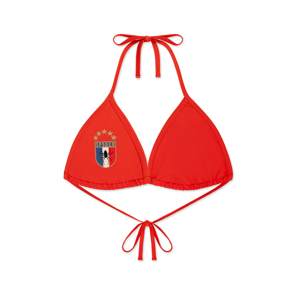 Red stretch nylon jersey bikini top with rope ties and a crest graphic.