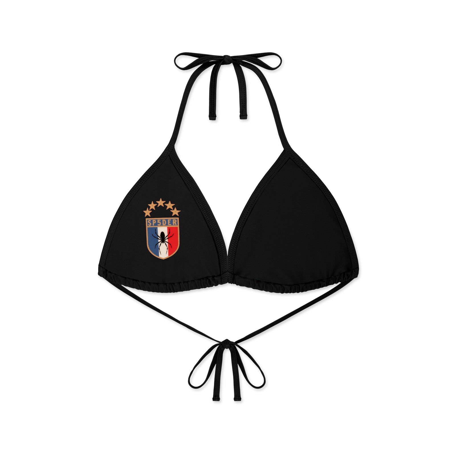 Black stretch nylon jersey bikini top with rope ties and a crest graphic featuring a spider and "SP5DER".