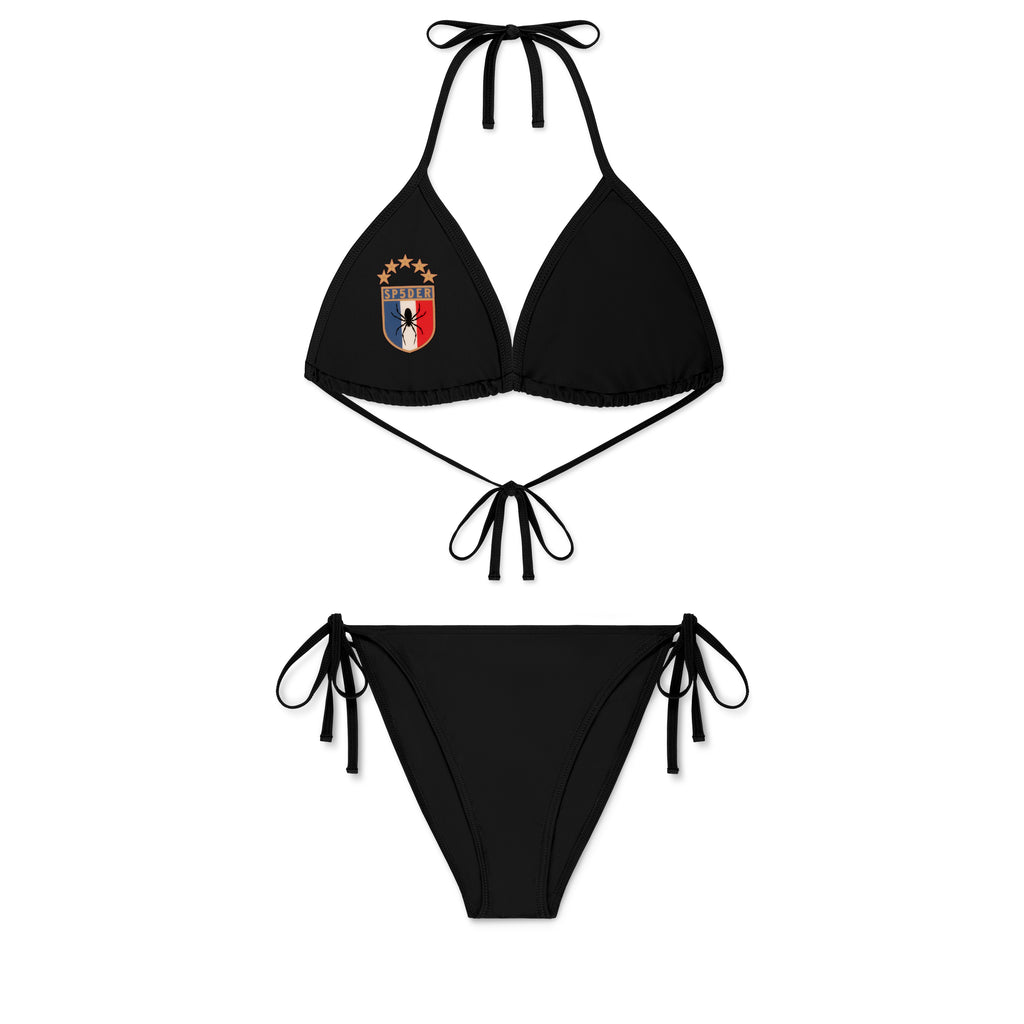 Black stretch nylon jersey bikini set with rope ties. Triangle top features a crest graphic with "SPIDER" and a spider logo.