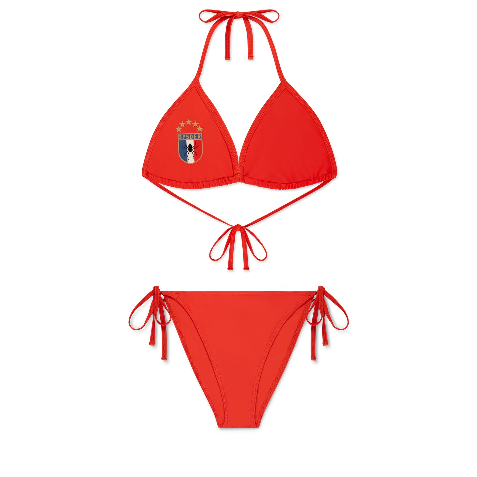 Red stretch nylon jersey bikini set with rope ties and crest graphic on top.