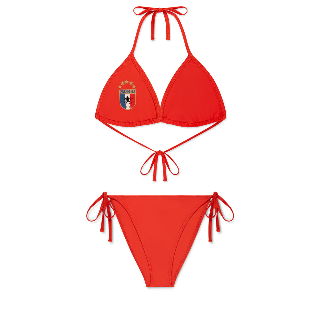 Red stretch nylon jersey bikini set with rope ties and crest graphic on top.