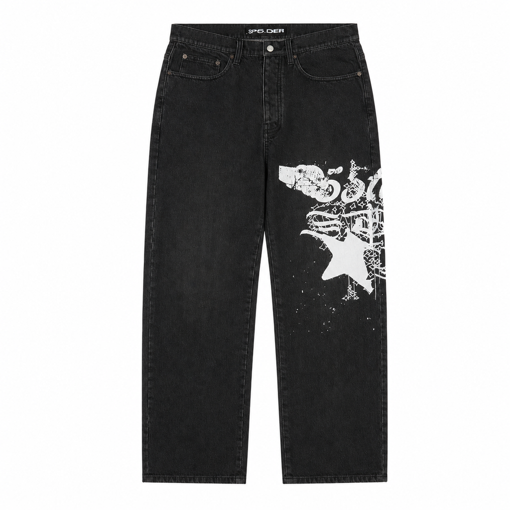 Black straight-leg denim jeans featuring a white graphic print on the leg, five-pocket styling, and branded hardware.
