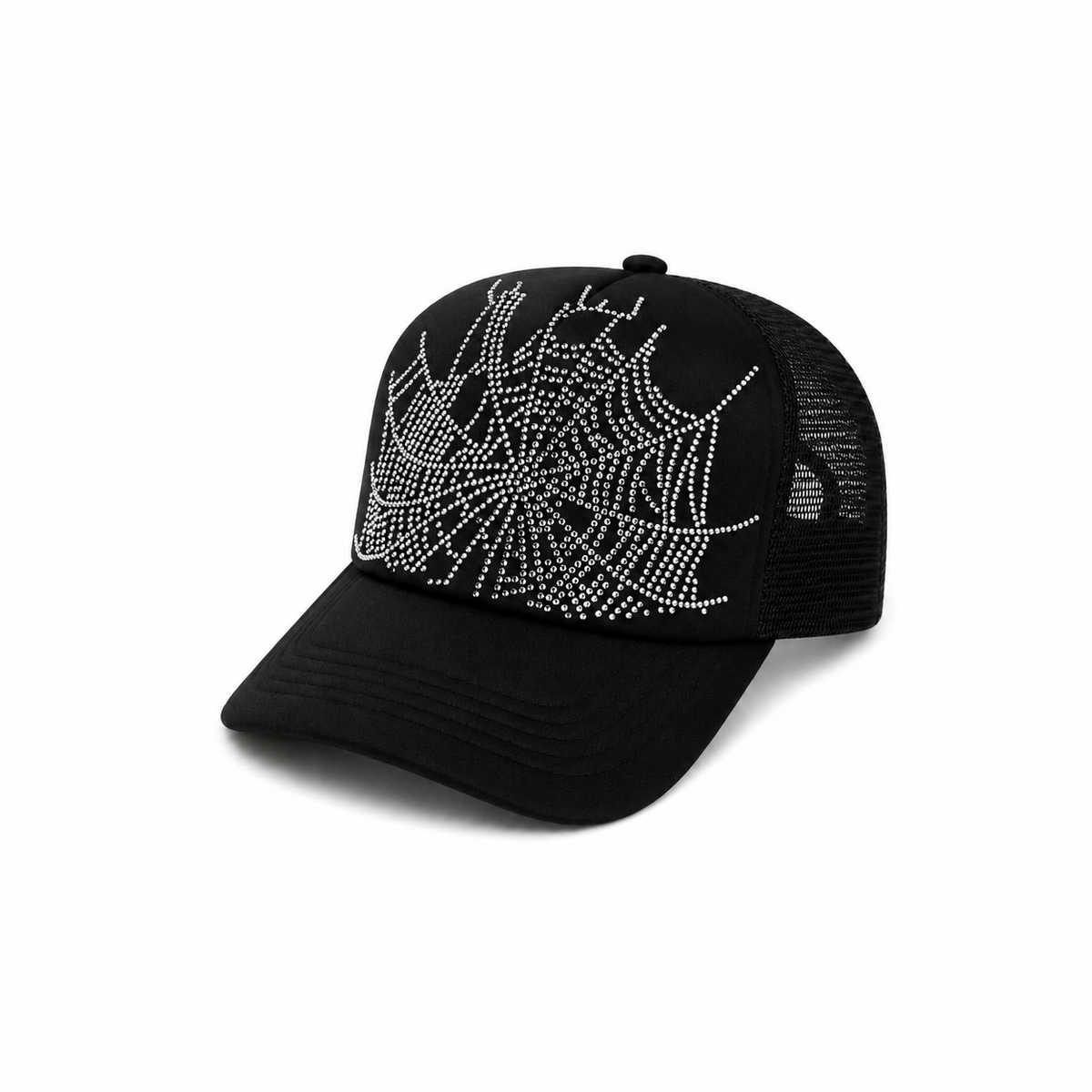 Black snapback hat featuring a silver rhinestone web graphic design, curved brim, and breathable mesh back panels.