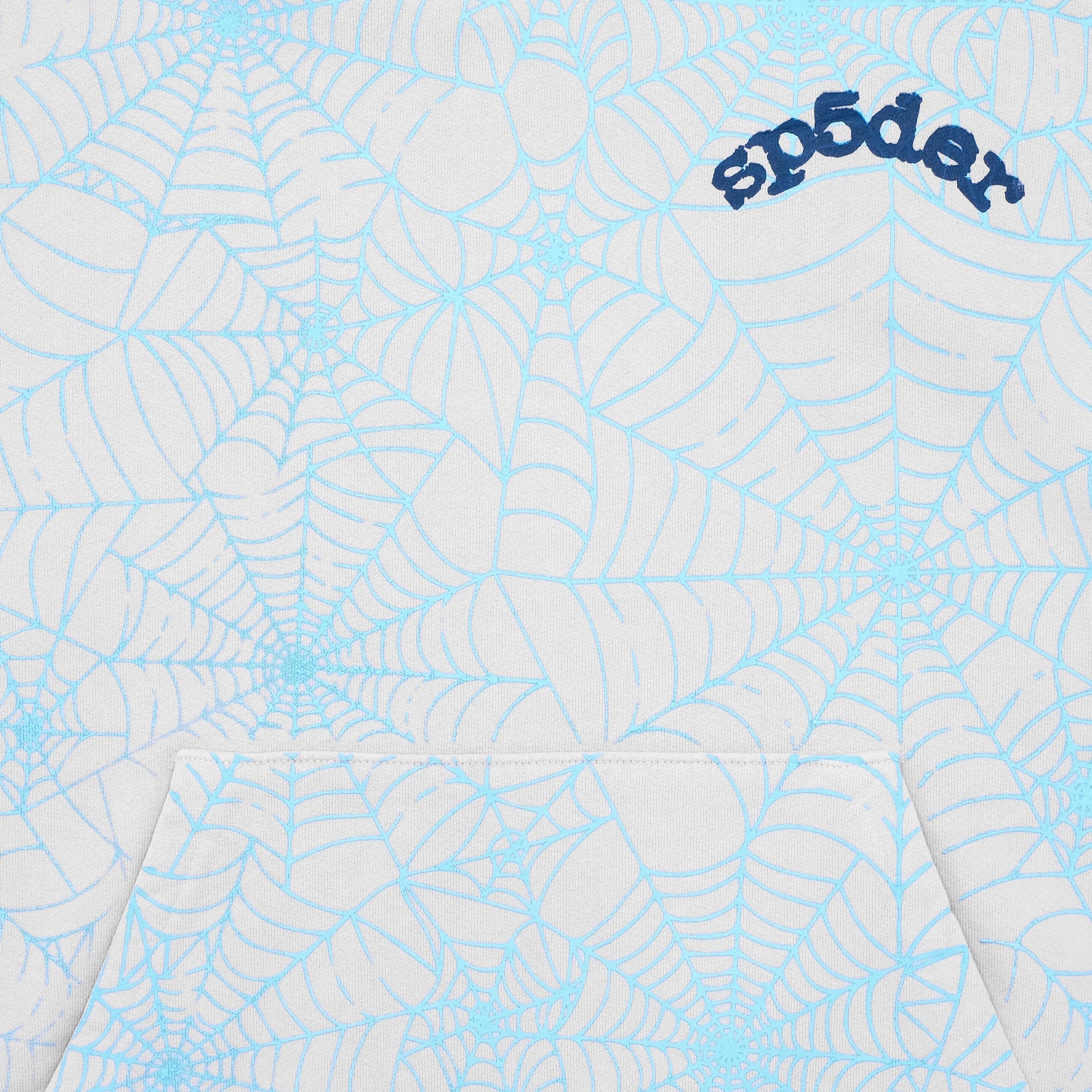 White 23oz fleece hoodie with all-over cracked light blue web print and "SP5DER" text.