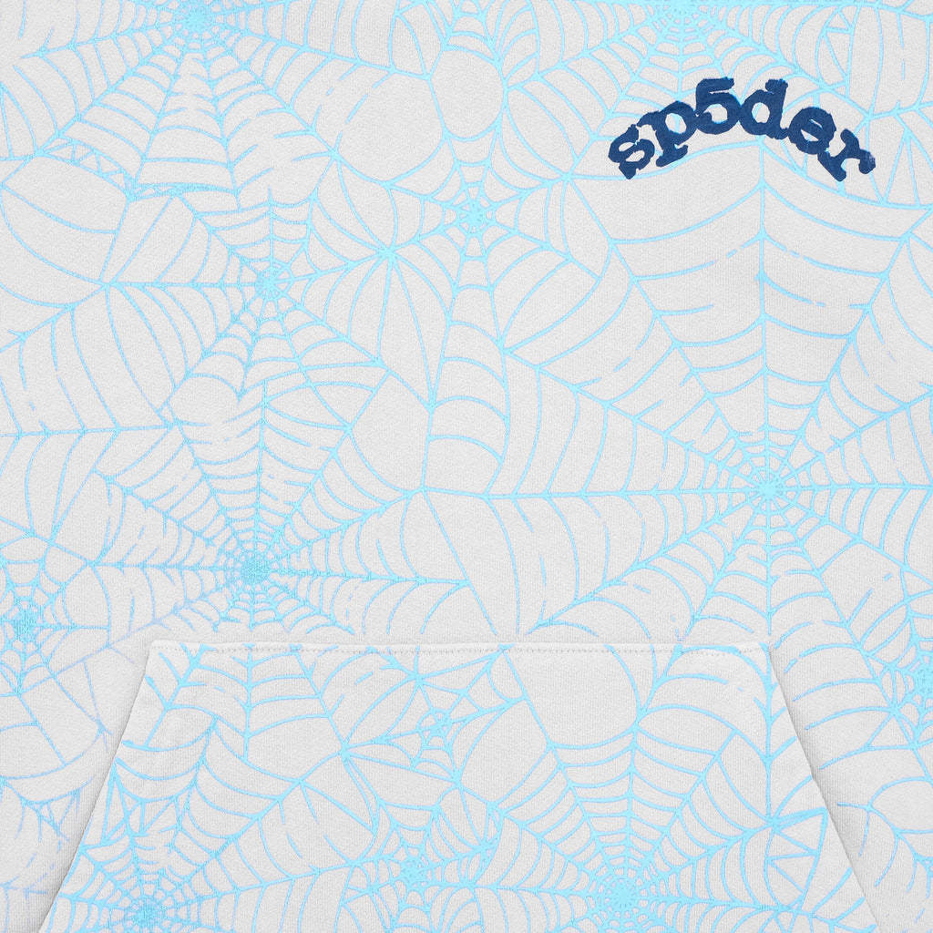 White 23oz fleece hoodie with all-over cracked light blue web print and "SP5DER" text.