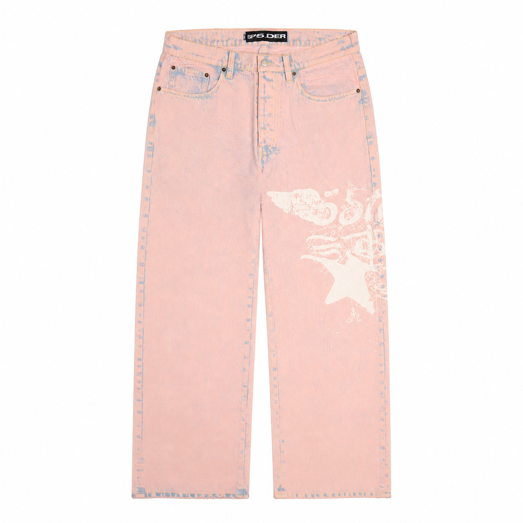 Light pink straight-leg denim jeans with a white graphic print on the leg and custom branded hardware.